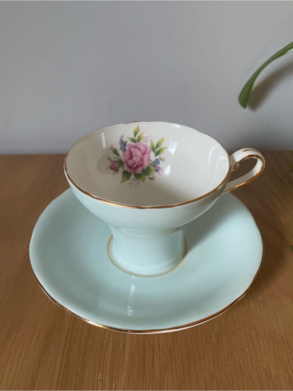 Vintage Aynsley England Bone China Pastel Blue Teacup & Saucer with Pink Rose